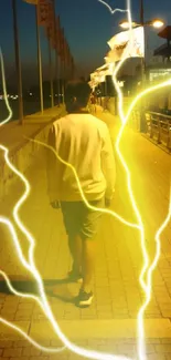 Man walks down path with yellow lightning effects in urban night setting.