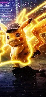 Pikachu with vibrant yellow lightning in an urban backdrop.