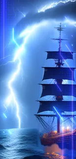 Majestic ship illuminated by lightning on the ocean, vibrant blue theme.