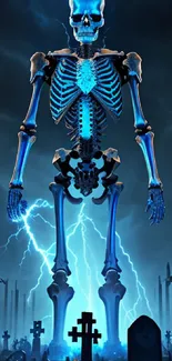 Glowing skeleton with lightning in a spooky cemetery night scene.