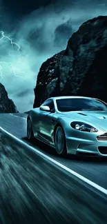 Sleek car racing through stormy mountain road with lightning in background.