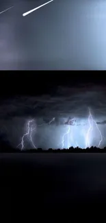 Dynamic lightning strikes illuminate the stormy night sky.