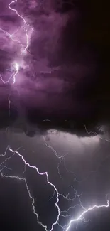 Purple lightning storm with dramatic dark clouds on mobile wallpaper.