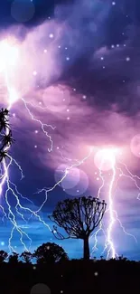 A vivid lightning storm against a purple night sky with silhouetted trees in the foreground.