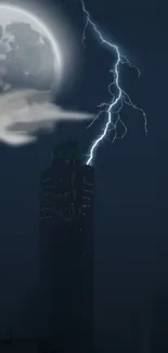 City skyline with lightning and full moon at night.