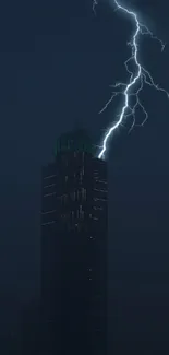 Lightning hitting skyscraper at night, city skyline.