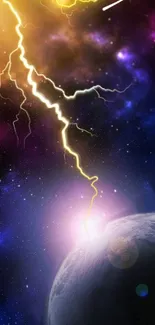 Cosmic lightning striking a planet with vibrant space colors.