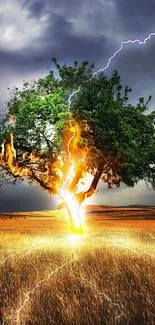 Lone tree struck by lightning in vibrant nature scene.