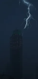 Lightning striking above a dark city skyline at night.