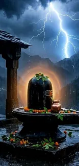 Lightning illuminates mountain shrine on stormy night.
