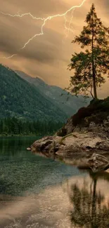 Lightning strikes above a tranquil lake with forest.