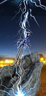 Sword strikes with lightning in night landscape wallpaper.