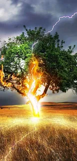 Tree illuminated by lightning in a field, vibrant colors.