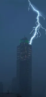 Mobile wallpaper of a skyscraper hit by a lightning bolt at night in a cityscape.