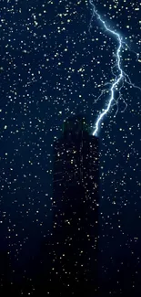 Electric lightning striking urban tower at night.