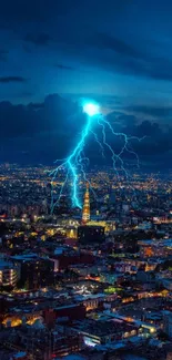 Lightning strikes over a city skyline at night.