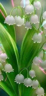 Mobile wallpaper of lily of the valley with green leaves and neon accents.