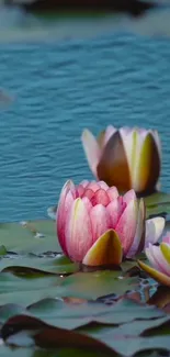 Serene pond with pink water lilies floating gracefully.