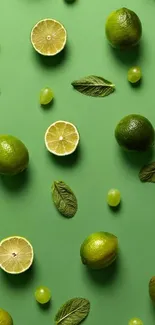 Vibrant wallpaper with limes, mint leaves, and grapes on a green background.