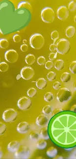 Lime-themed wallpaper with bubbles and green icons.