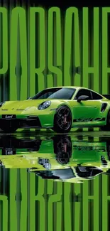 Vivid green Porsche GT3 reflecting on wet surface in a dynamic display.