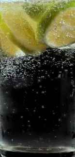 Closeup of sparkling water with lime slices.