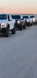 Line of trucks driving on a rural road with sunset backdrop.