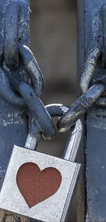 Heart-shaped lock on gray rusty chains.