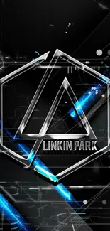 Linkin Park metallic logo with blue neon elements on black background.