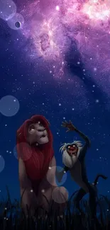 Lion and baboon under a starry galaxy sky.