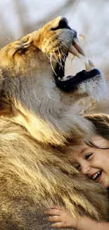 A lion and child sharing a joyful bond in nature.