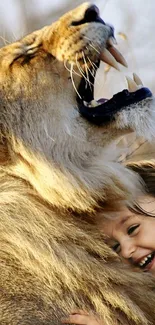 A child hugging a lion in a peaceful nature setting.