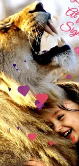 Child hugging a lion with 'Love at First Sight' text.