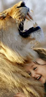 A child hugging a majestic lion in nature.