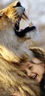 Joyful child hugging a majestic lion with a serene backdrop.