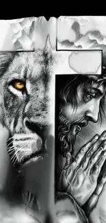 Lion and Christ artistic wallpaper with a symbolic cross design in grayscale.