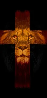 Lion and cross art on dark background wallpaper.