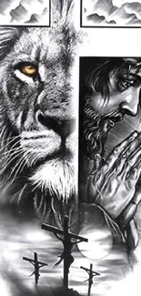 Lion and cross themed artistic wallpaper in black and white.