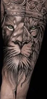 Lion and crown tattoo design in grayscale, perfect for mobile wallpaper.