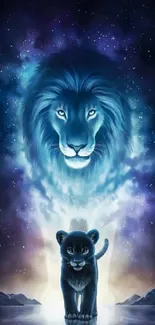 Fantasy lion and cub under cosmic sky wallpaper.