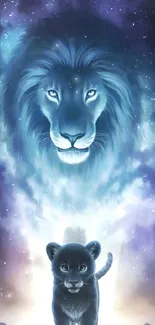 Ethereal lion and cub in cosmic galaxy wallpaper.