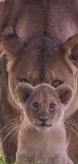 Lion and cub in nature mobile wallpaper.