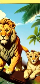 Lion and cub in vibrant jungle setting.