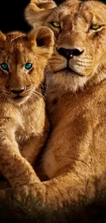 Lioness and cub are captured beautifully in a serene wildlife scene.