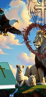 Lion, eagle, and cross wallpaper with spiritual symbols against a vibrant sky.