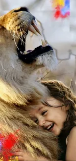 Lion with open mouth hugs smiling child.