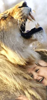 A joyful girl embraces a majestic lion in nature.