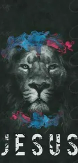 Artistic lion with Jesus text on mobile wallpaper.