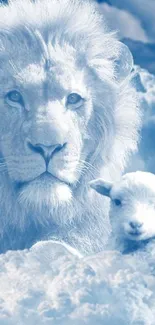 Lion and lamb surrounded by clouds in sky blue tones.