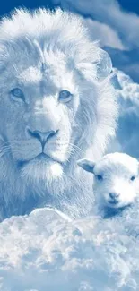 Lion and lamb in soft blue clouds, a serene mobile wallpaper.